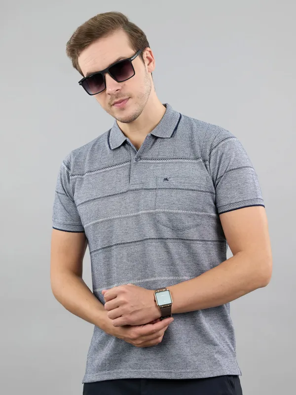 Men Navy Blue Stripe Polo Collar Half Sleeve T-Shirt made by Monte Carlo