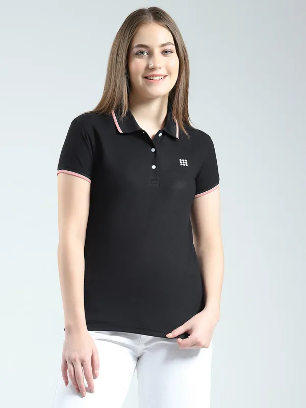 Rock.it Women Black Solid Collar Half Sleeve T-Shirt made by Monte Carlo
