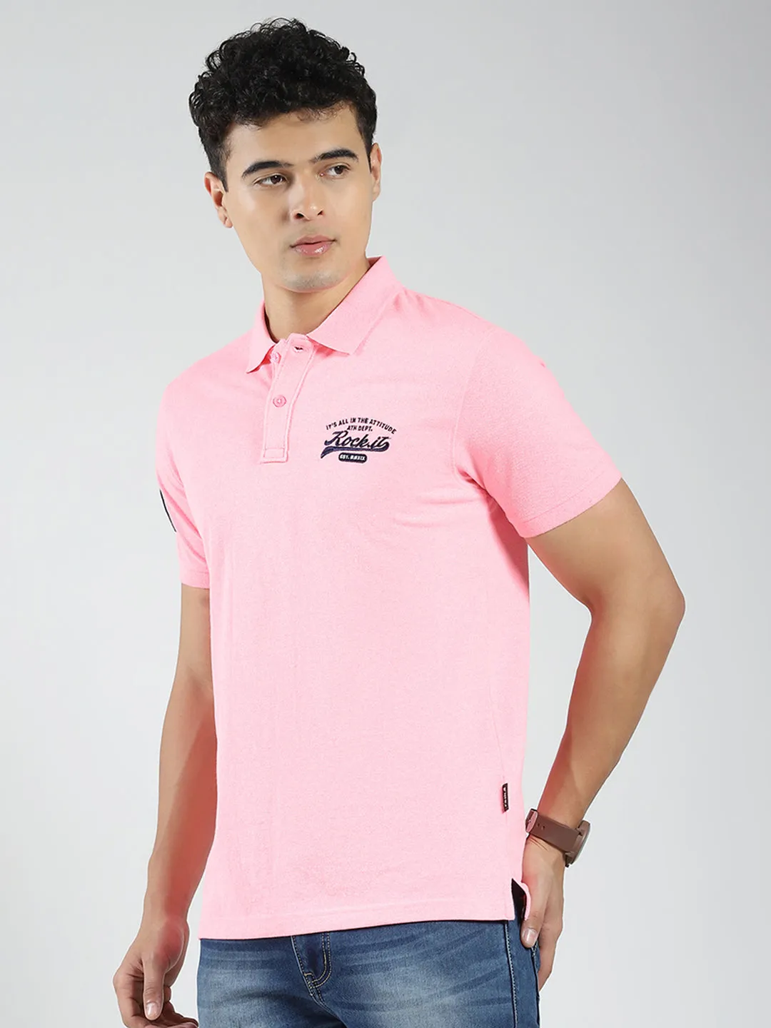 Rock.it Men Pink Solid Collar Half Sleeve T-Shirt sold by Monte Carlo product image thumbnail 3