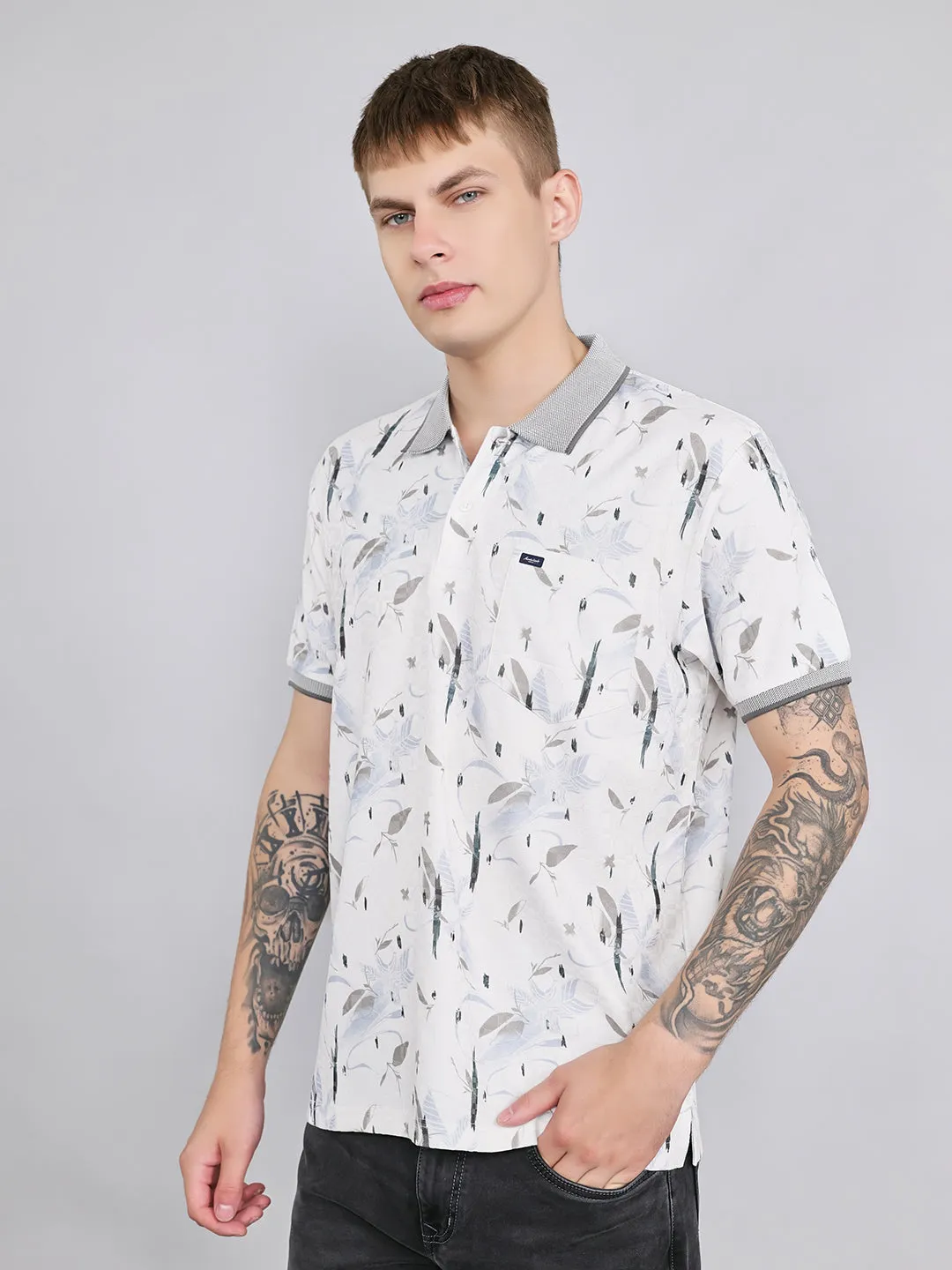 Men White Printed Collar Half Sleeve T-Shirt sold by Monte Carlo product image thumbnail 2
