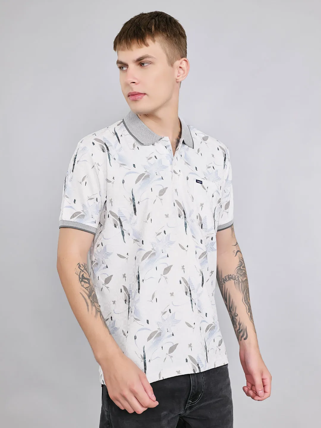 Men White Printed Collar Half Sleeve T-Shirt sold by Monte Carlo product image thumbnail 3
