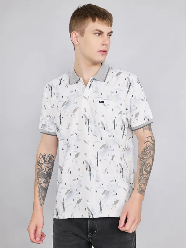 Men White Printed Collar Half Sleeve T-Shirt made by Monte Carlo