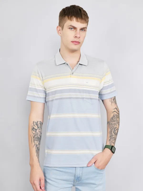 Men Grey Stripe Collar Half Sleeve T-Shirt made by Monte Carlo