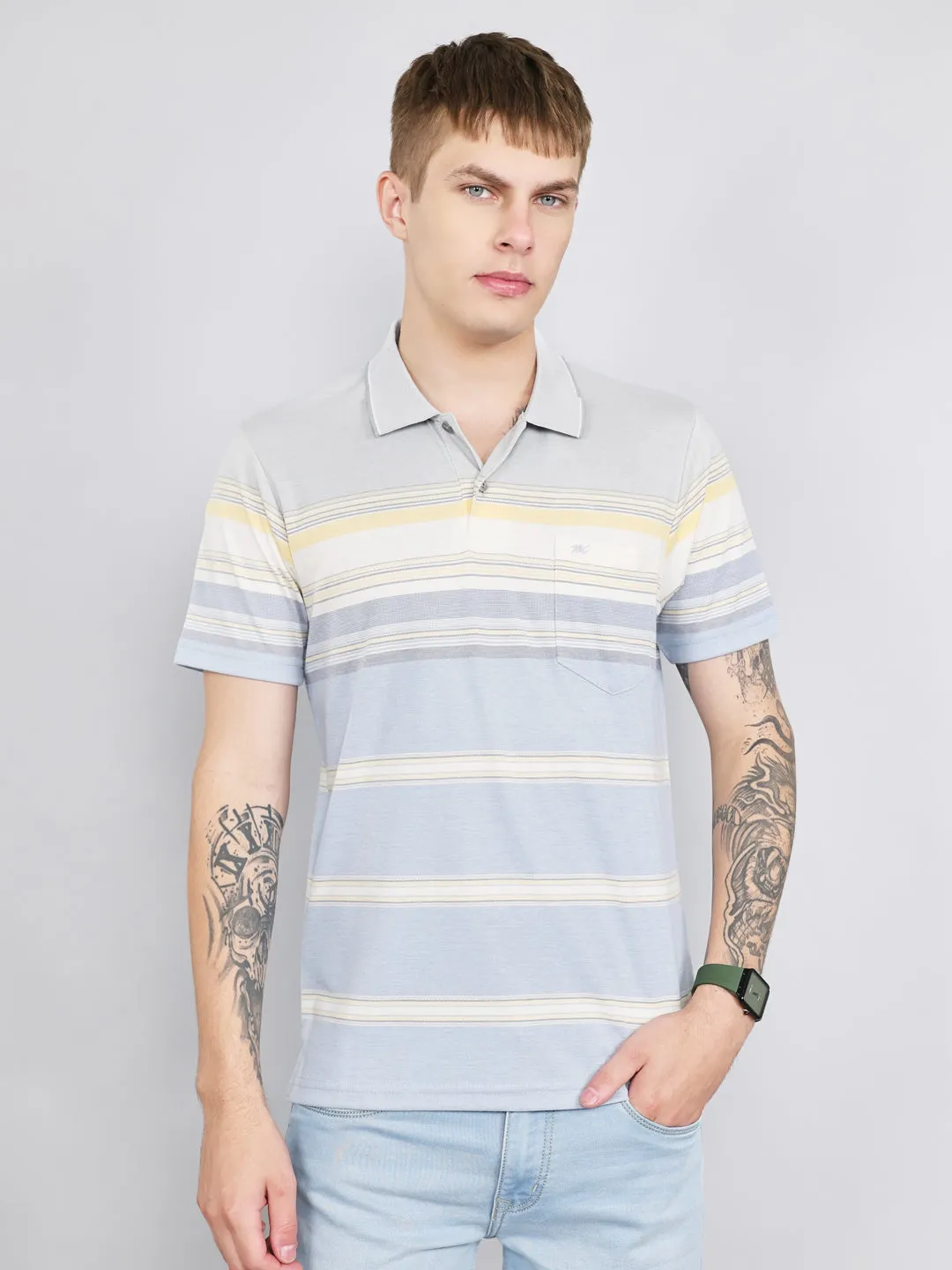 Men Grey Stripe Collar Half Sleeve T-Shirt sold by Monte Carlo