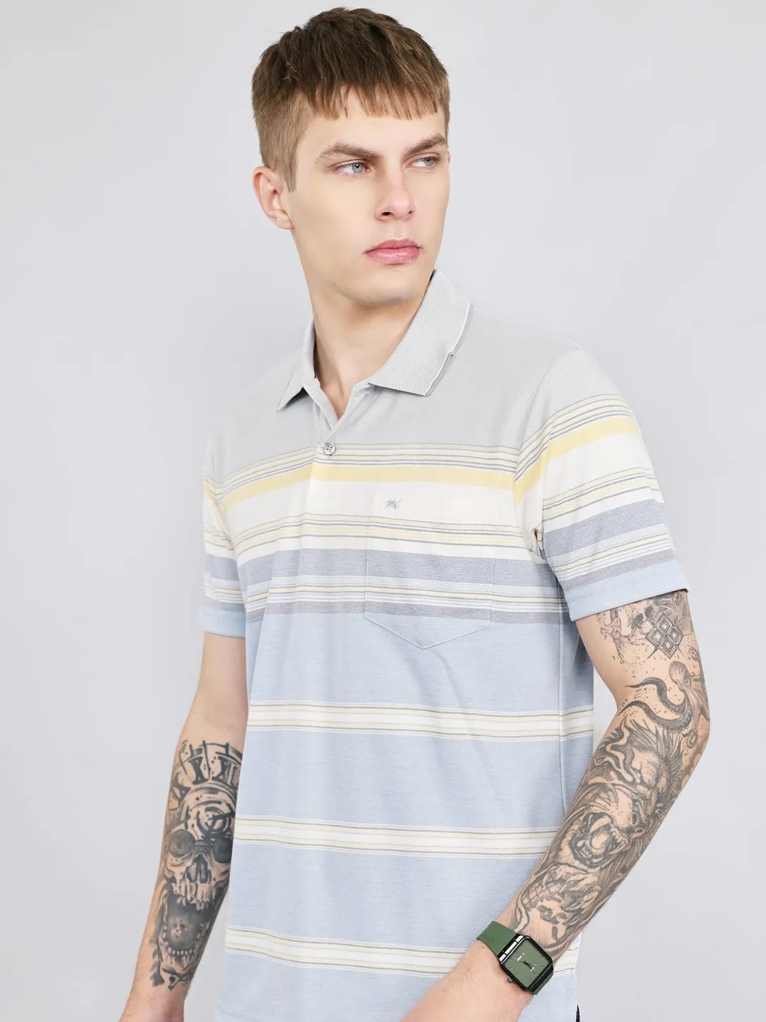 Men Grey Stripe Collar Half Sleeve T-Shirt sold by Monte Carlo product image thumbnail 2