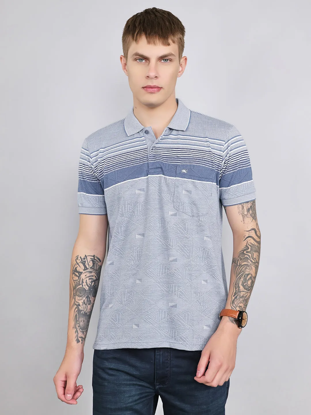 Men Grey Stripe Collar Half Sleeve T-Shirt sold by Monte Carlo