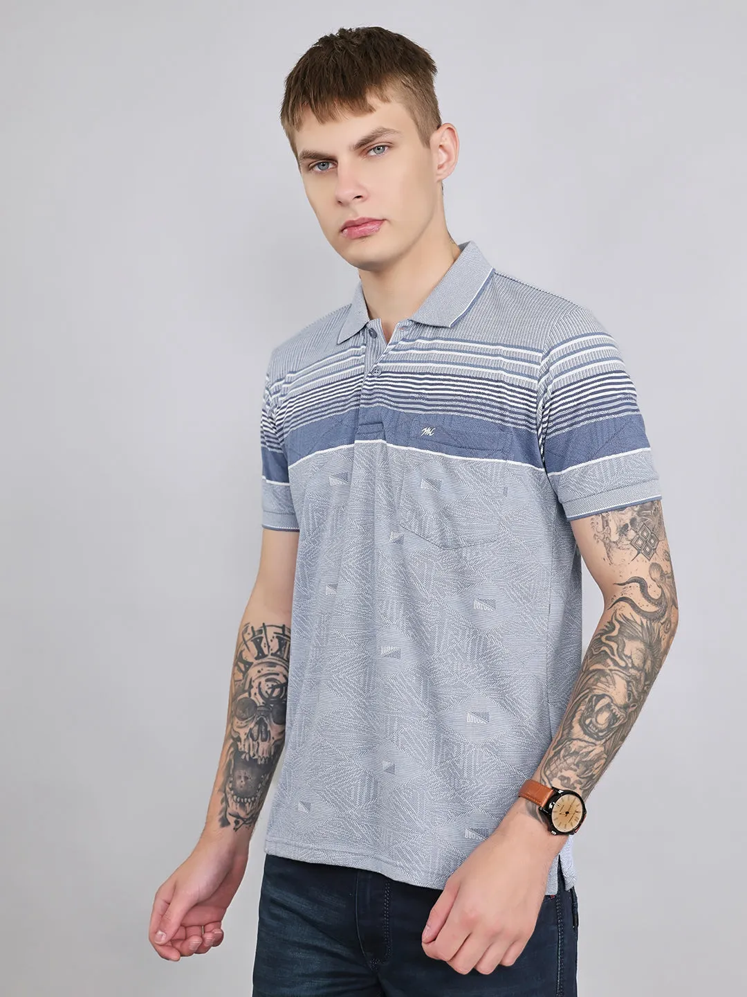 Men Grey Stripe Collar Half Sleeve T-Shirt sold by Monte Carlo product image thumbnail 2