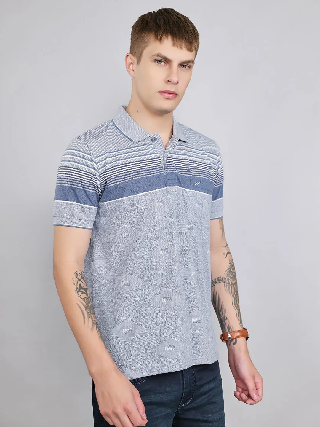 Men Grey Stripe Collar Half Sleeve T-Shirt sold by Monte Carlo product image thumbnail 3