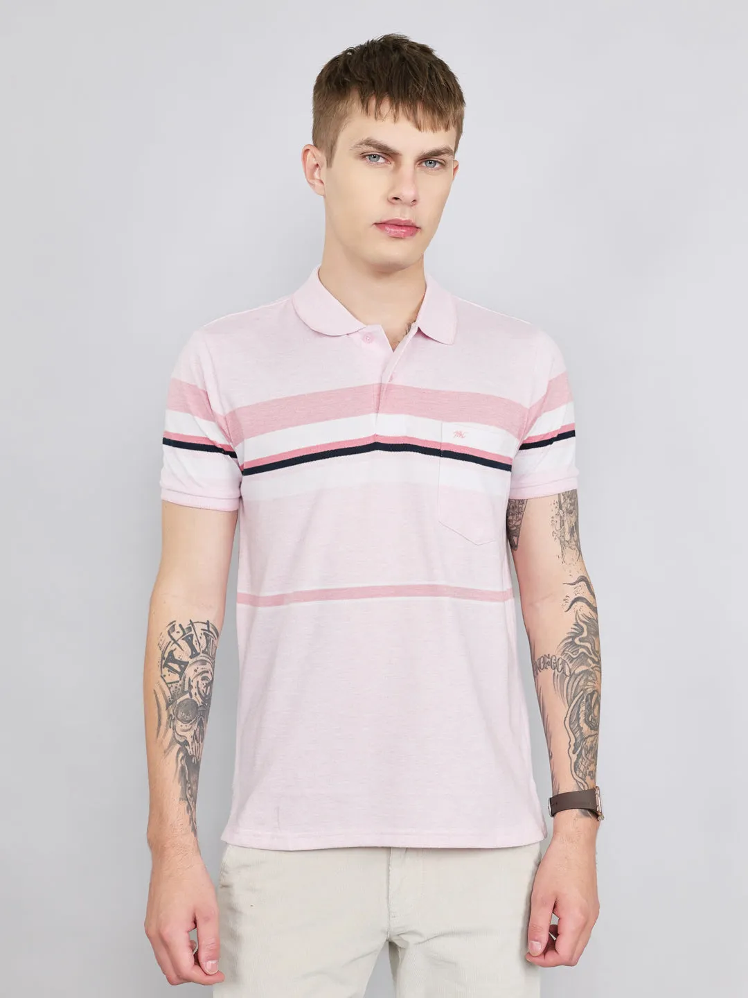 Men Pink Stripe Collar Half Sleeve T-Shirt sold by Monte Carlo