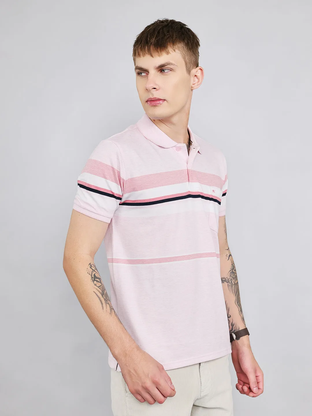 Men Pink Stripe Collar Half Sleeve T-Shirt sold by Monte Carlo product image thumbnail 2