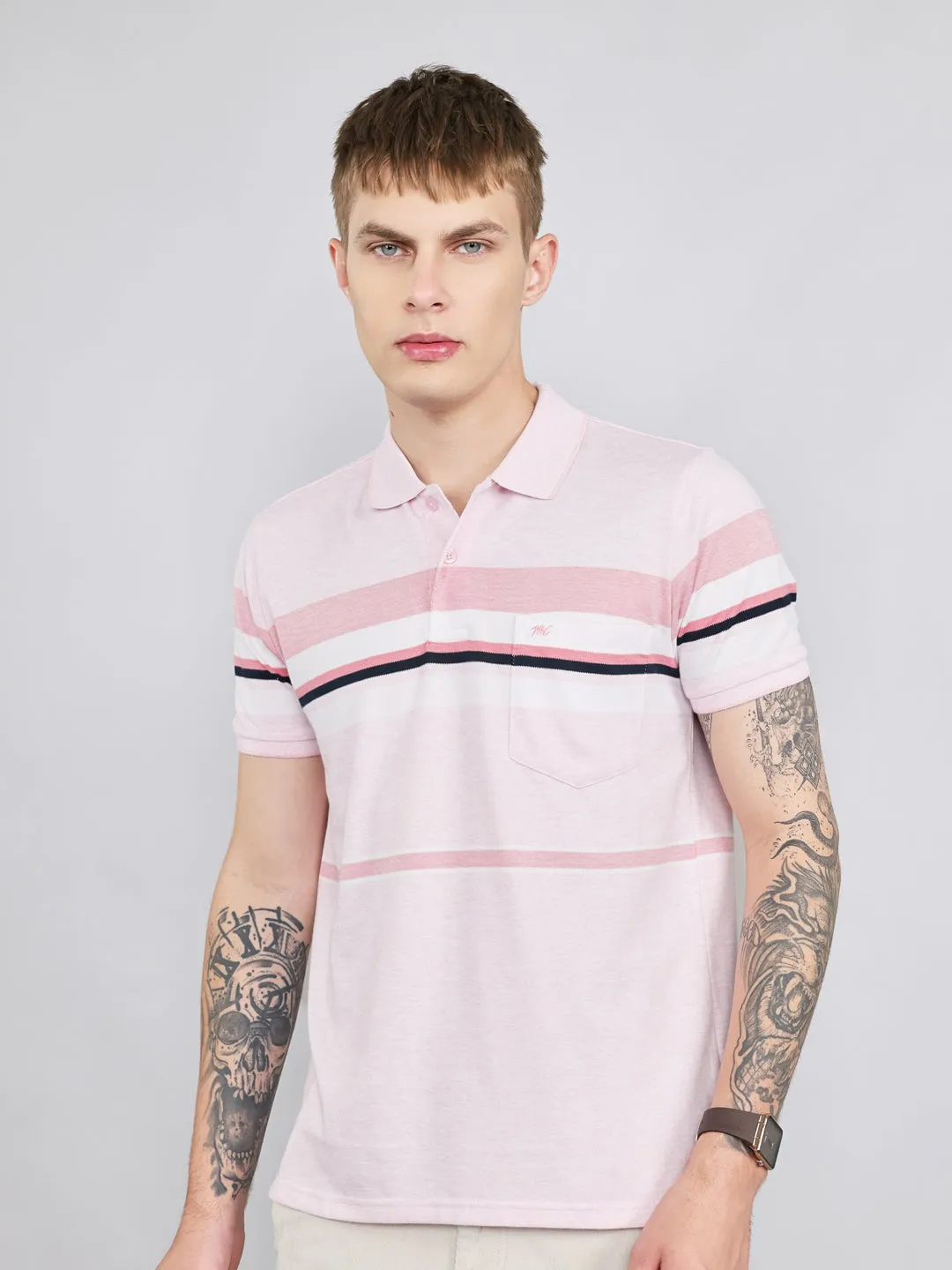 Men Pink Stripe Collar Half Sleeve T-Shirt sold by Monte Carlo product image thumbnail 3
