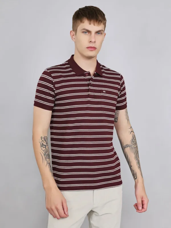 Men Maroon Stripe Collar Half Sleeve T-Shirt made by Monte Carlo