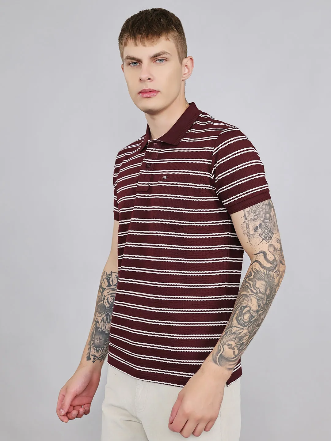 Men Maroon Stripe Collar Half Sleeve T-Shirt sold by Monte Carlo product image thumbnail 2