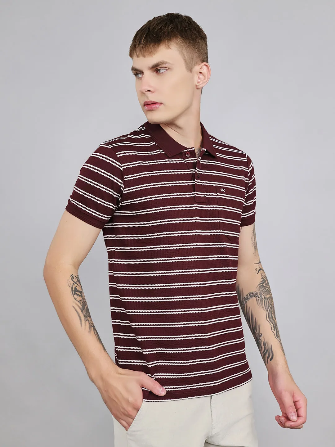 Men Maroon Stripe Collar Half Sleeve T-Shirt sold by Monte Carlo product image thumbnail 3