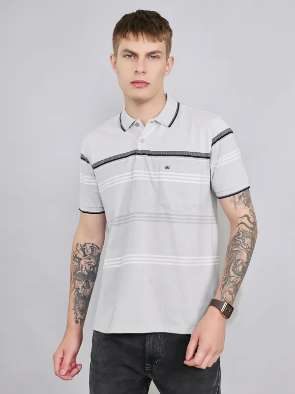 Men White Stripe Collar Half Sleeve T-Shirt made by Monte Carlo