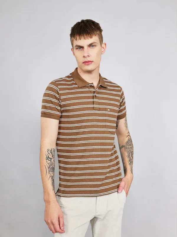 Men Brown Stripe Collar Half Sleeve T-Shirt made by Monte Carlo