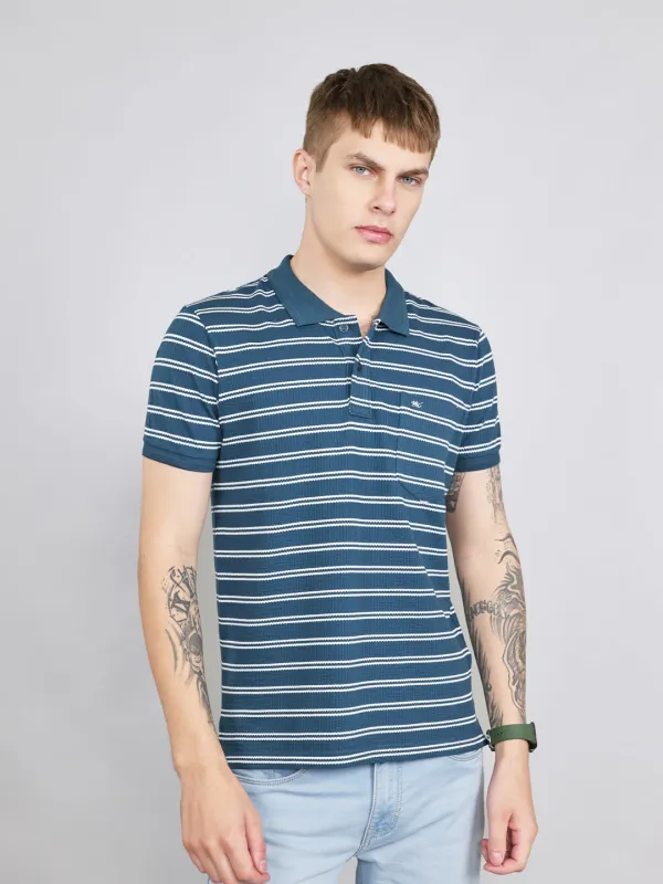 Men Teal Blue Stripe Collar Half Sleeve T-Shirt made by Monte Carlo