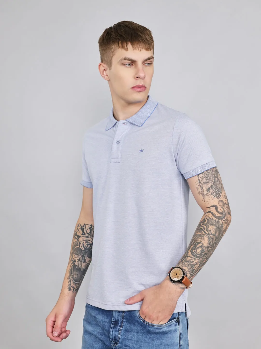 Men Sky Blue Plain Collar Half Sleeve T-Shirt sold by Monte Carlo product image thumbnail 2