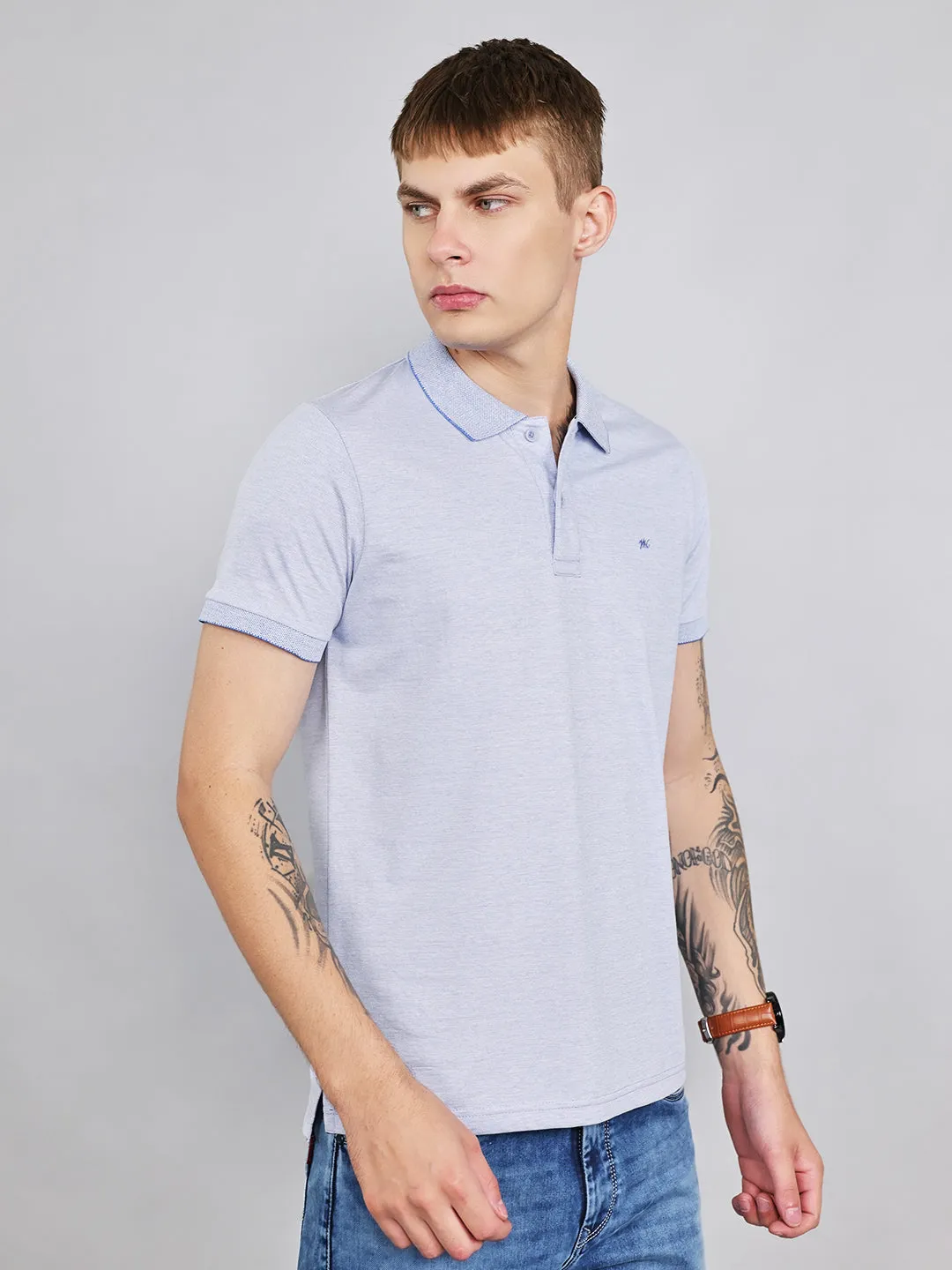 Men Sky Blue Plain Collar Half Sleeve T-Shirt sold by Monte Carlo product image thumbnail 3