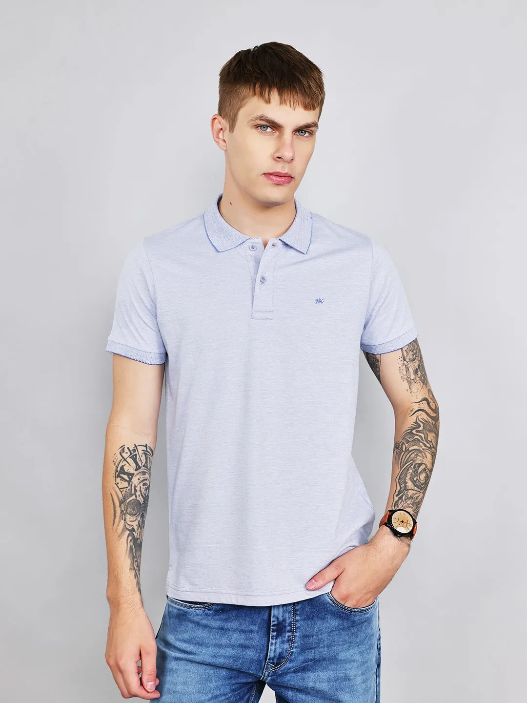 Men Sky Blue Plain Collar Half Sleeve T-Shirt sold by Monte Carlo