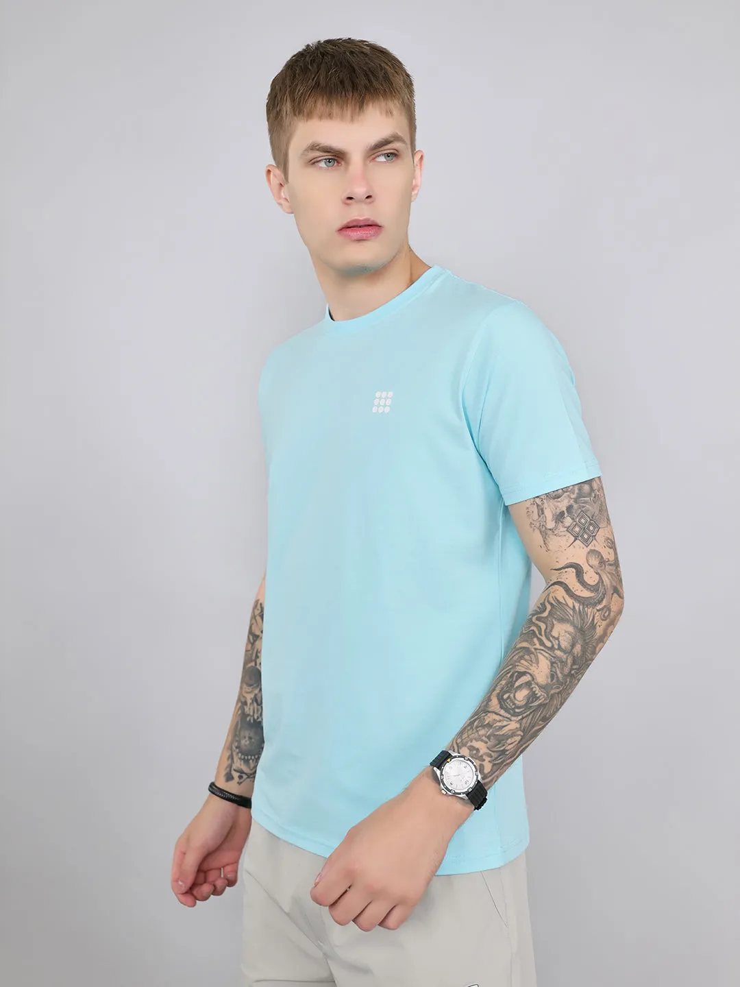 Rock.it Men Sky Blue Solid Round Neck Half Sleeve T-Shirt sold by Monte Carlo product image thumbnail 2