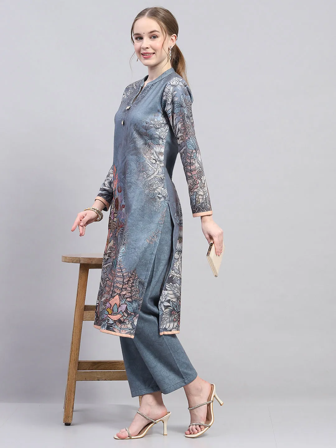 Women Grey Self Design Round Neck Full Sleeve Kurtis Set for Winter sold by Monte Carlo product image thumbnail 5