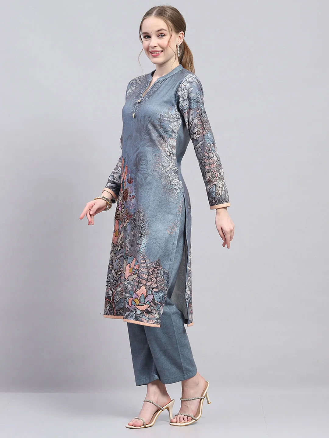 Women Grey Self Design Round Neck Full Sleeve Kurtis Set for Winter sold by Monte Carlo product image thumbnail 2