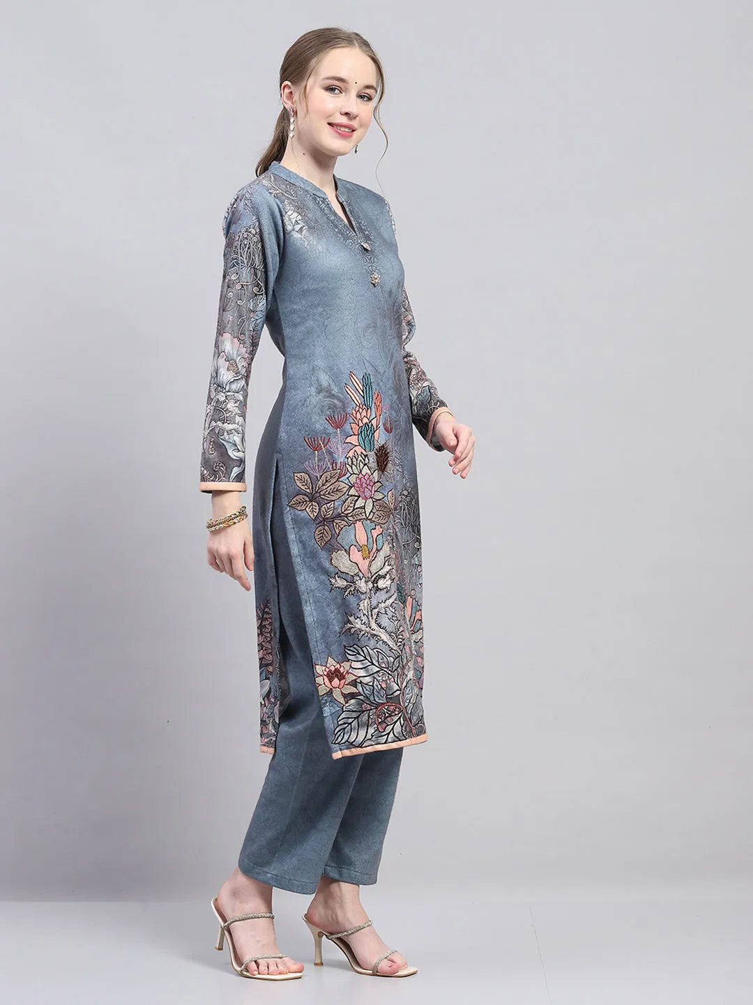 Women Grey Self Design Round Neck Full Sleeve Kurtis Set for Winter sold by Monte Carlo product image thumbnail 3