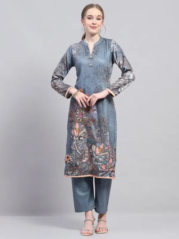 Women Grey Self Design Round Neck Full Sleeve Kurtis Set for Winter made by Monte Carlo