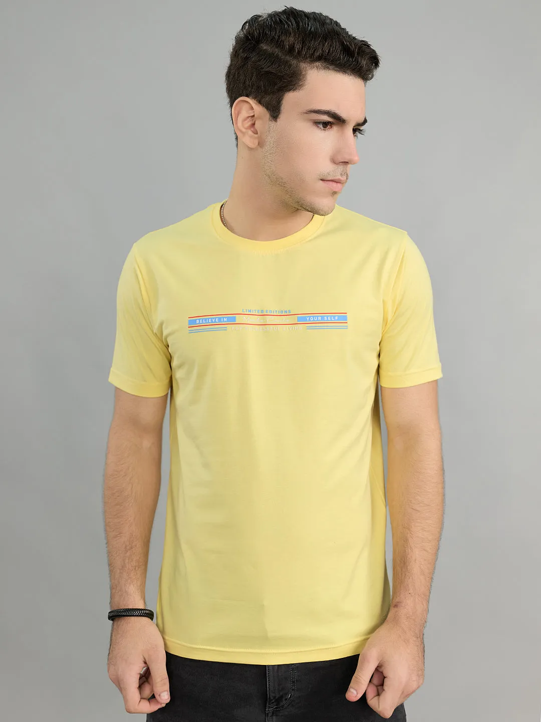 Men Yellow Printed Round Neck Half Sleeve T-Shirt sold by Monte Carlo