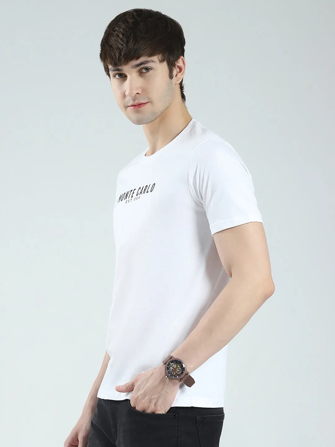 Men White Solid Round Neck Half Sleeve T-Shirt sold by Monte Carlo product image thumbnail 3