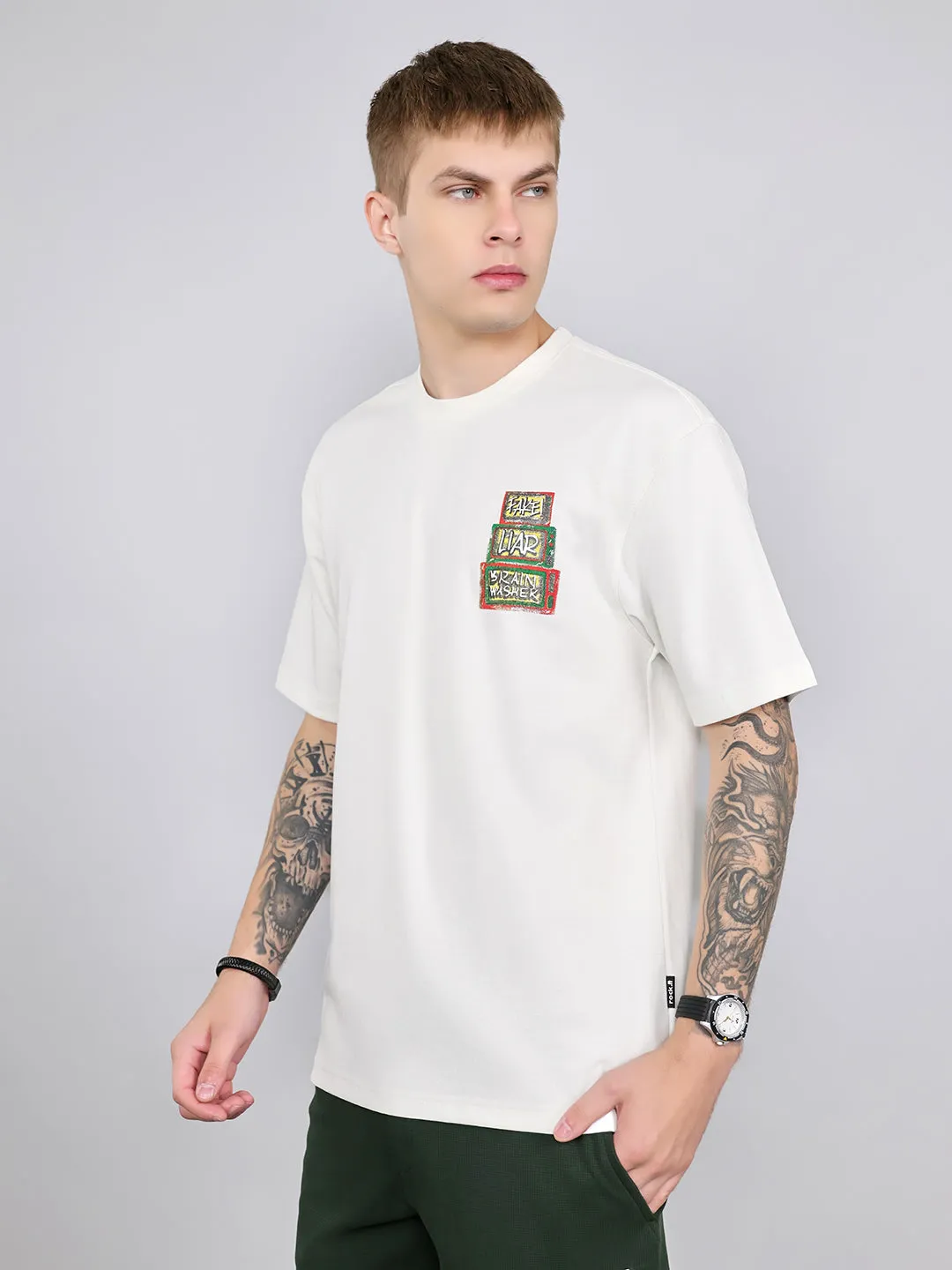 Rock.it Men Off White Printed Round Neck Drop Shoulder Half Sleeve T-Shirt sold by Monte Carlo product image thumbnail 2