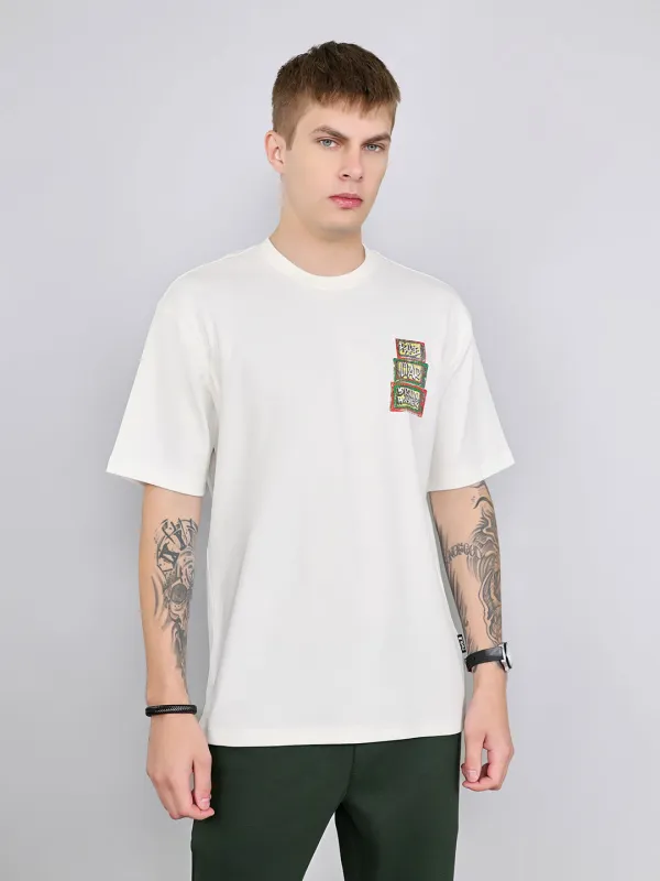 Rock.it Men Off White Printed Round Neck Drop Shoulder Half Sleeve T-Shirt made by Monte Carlo