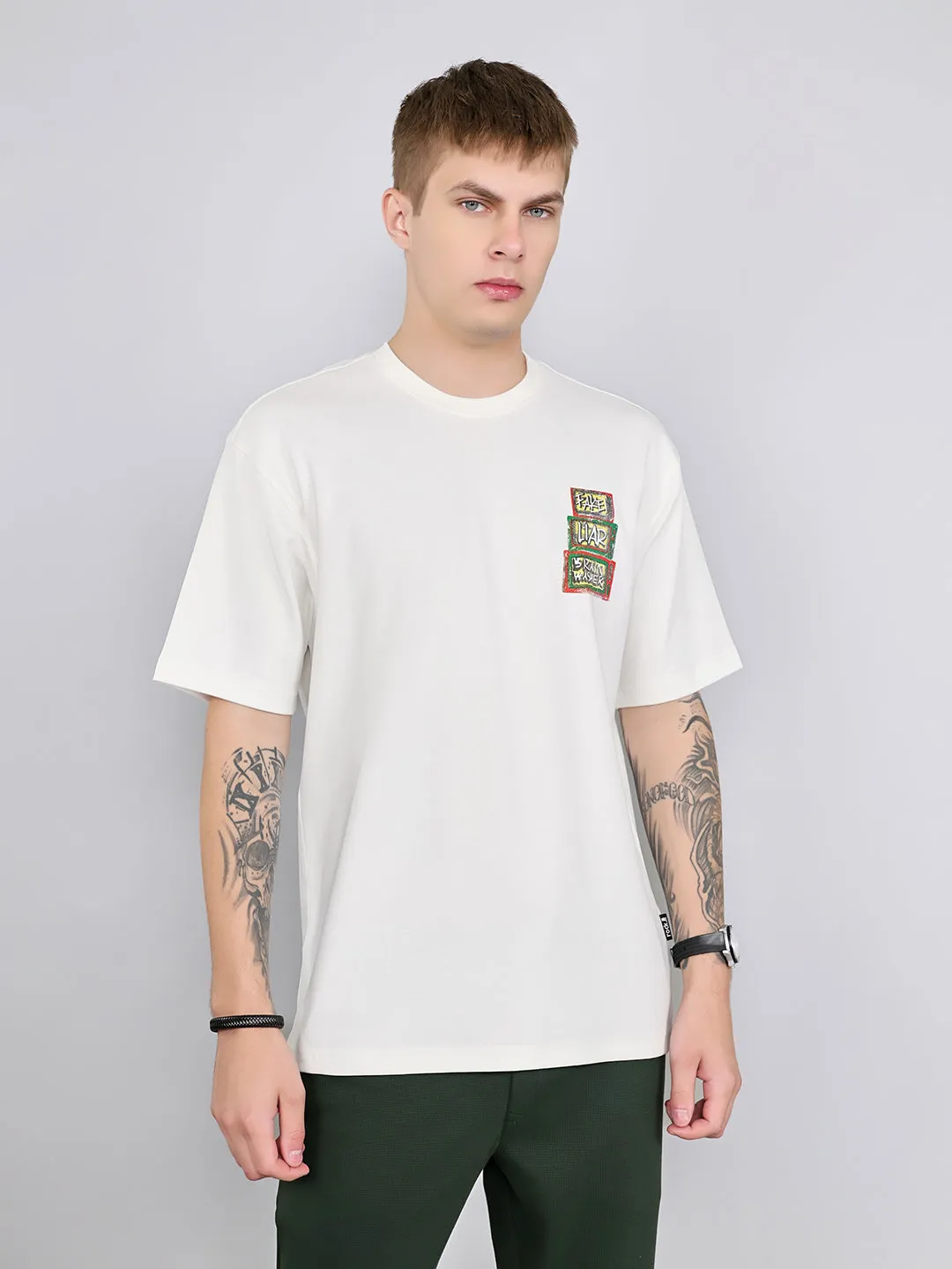Rock.it Men Off White Printed Round Neck Drop Shoulder Half Sleeve T-Shirt sold by Monte Carlo