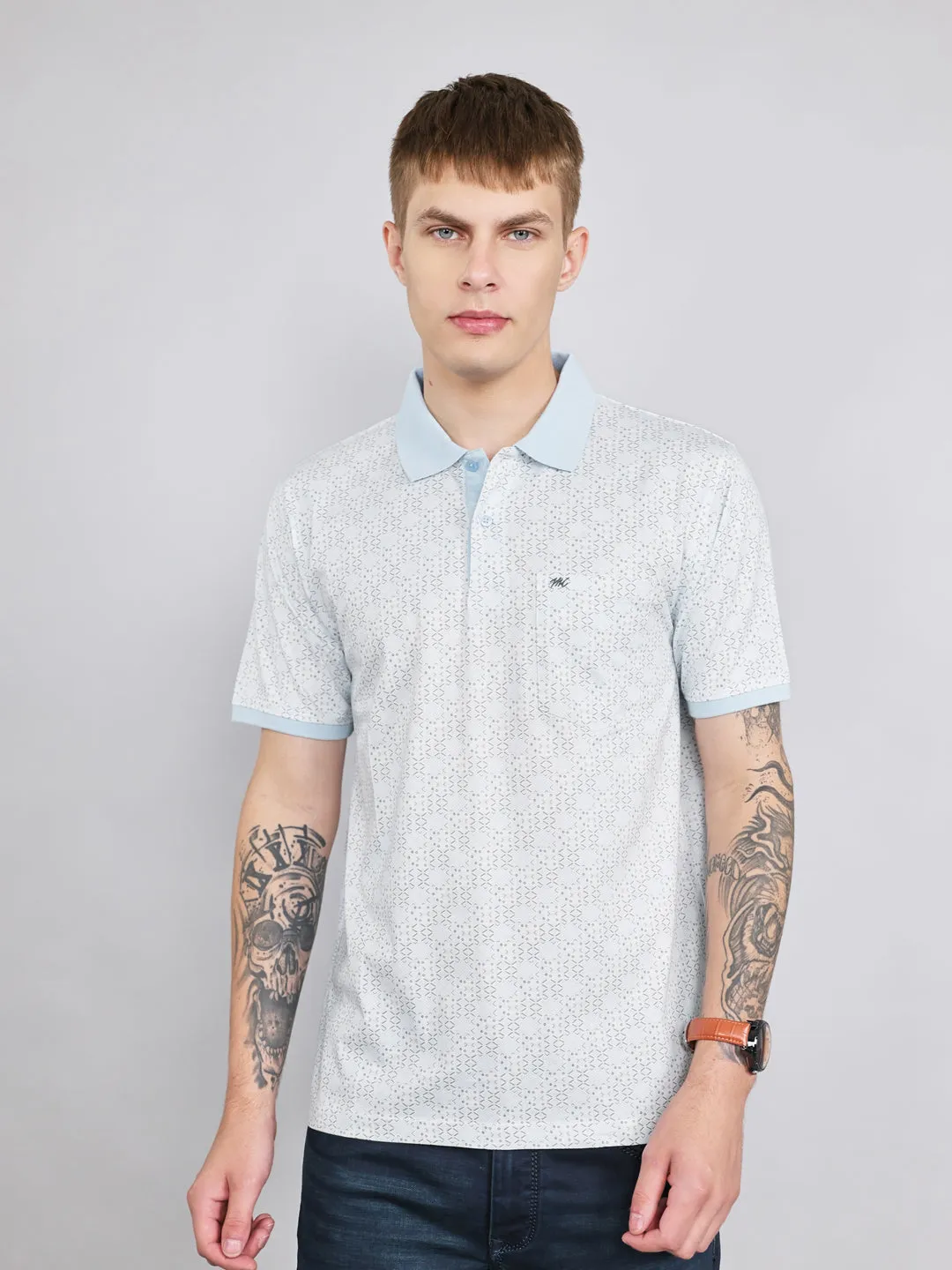 Men Sky Blue Printed Collar Half Sleeve T-Shirt sold by Monte Carlo