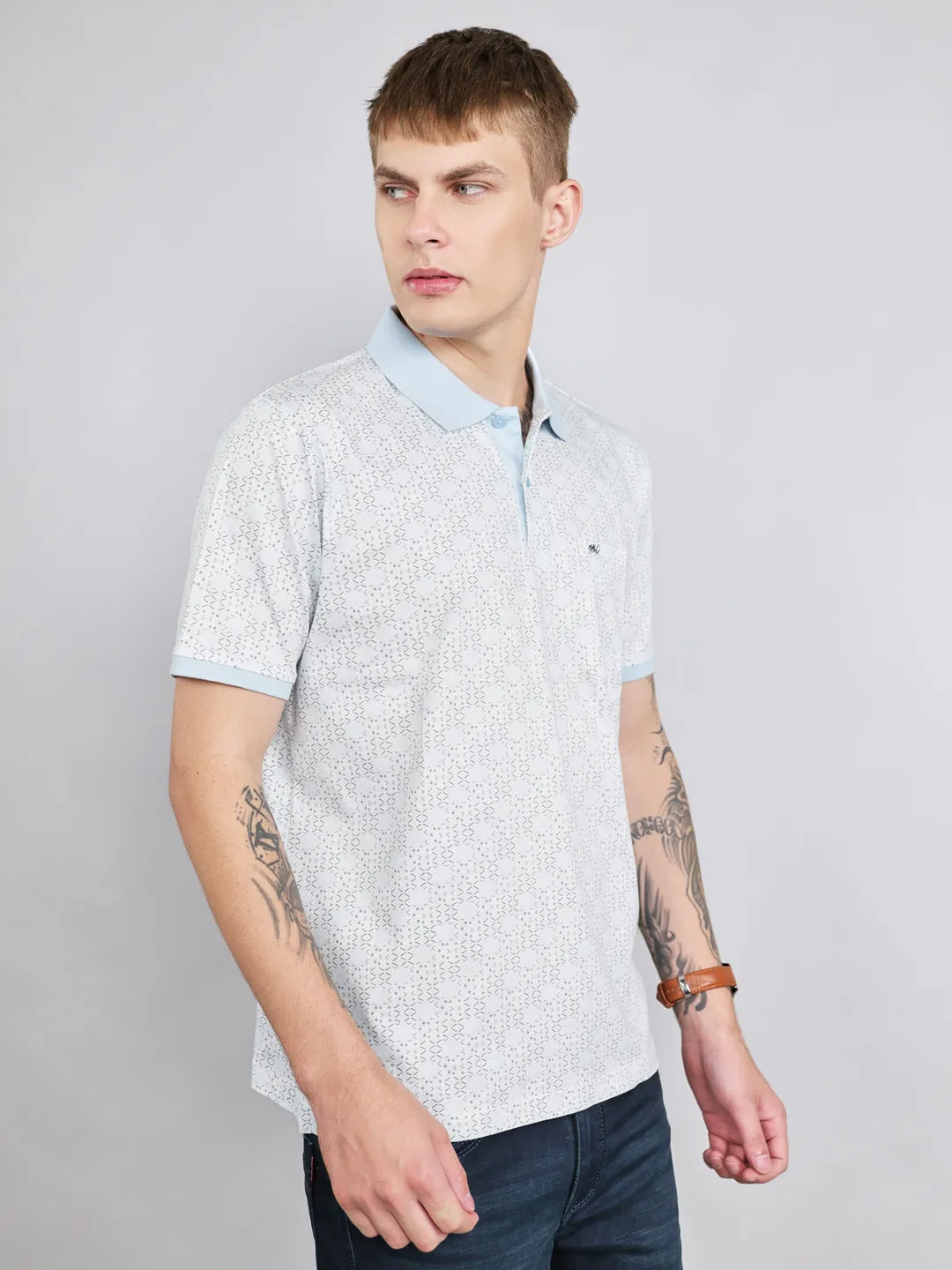Men Sky Blue Printed Collar Half Sleeve T-Shirt sold by Monte Carlo product image thumbnail 2