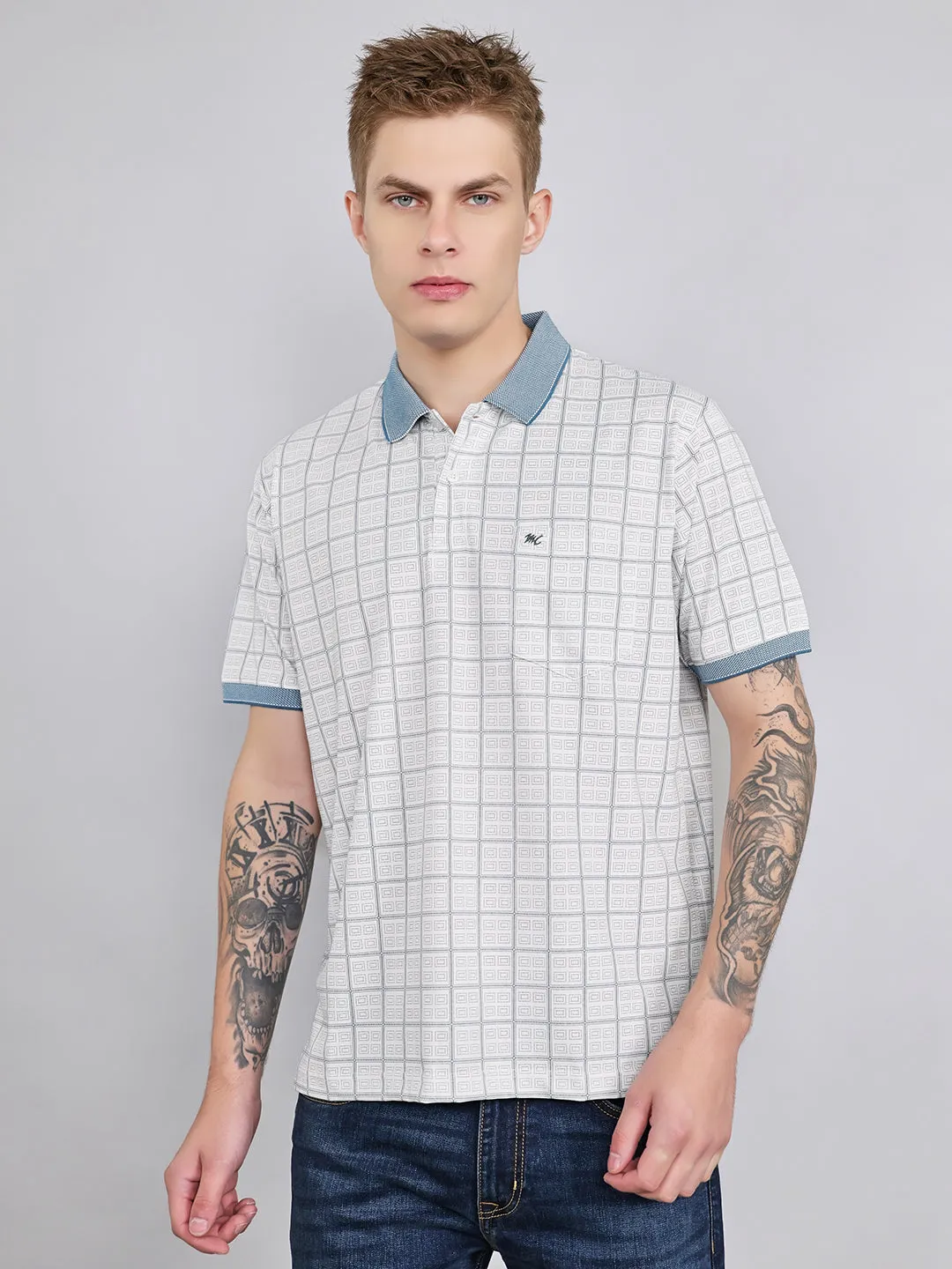 Men White Printed Collar Half Sleeve T-Shirt sold by Monte Carlo