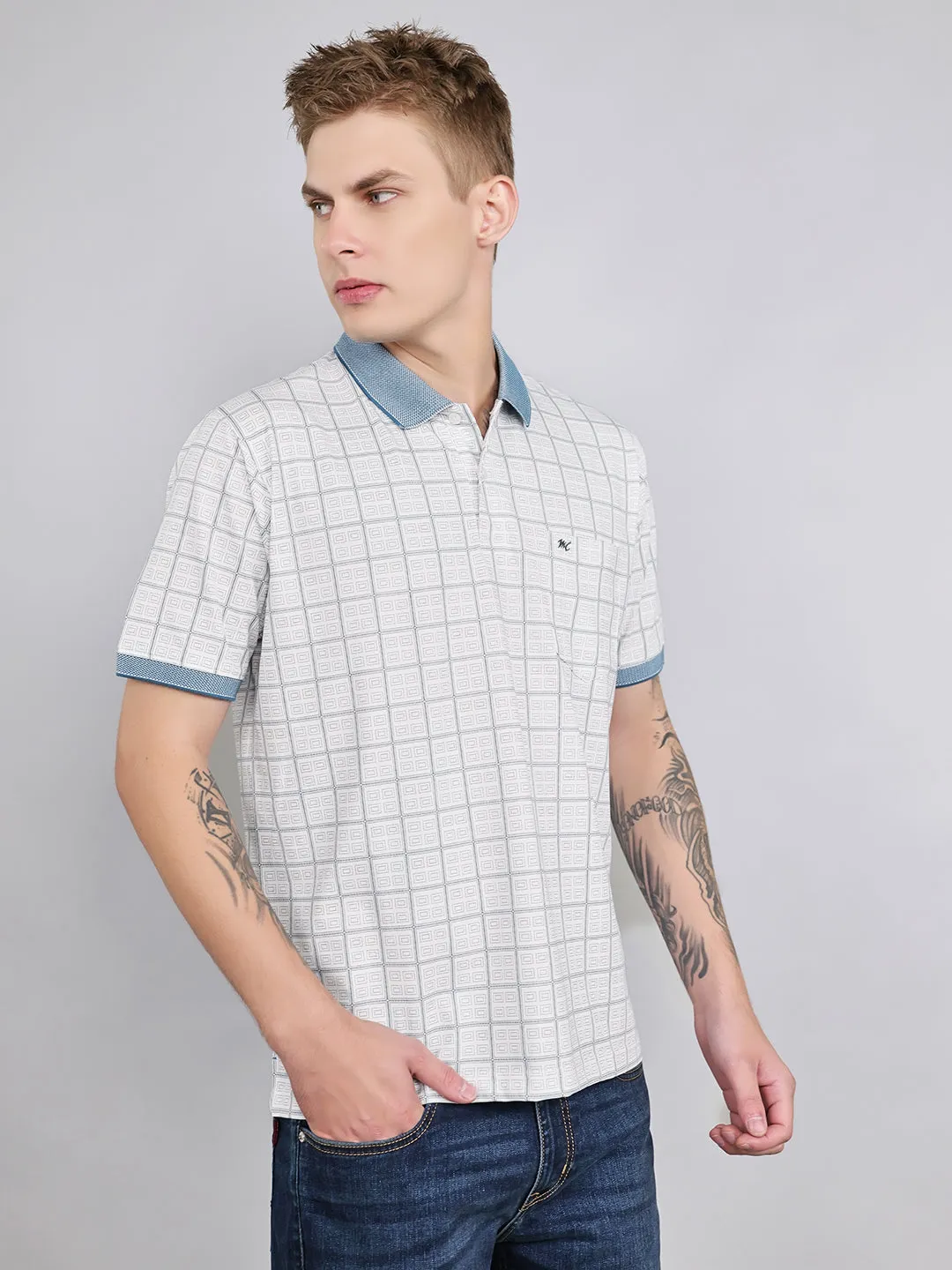 Men White Printed Collar Half Sleeve T-Shirt sold by Monte Carlo product image thumbnail 3