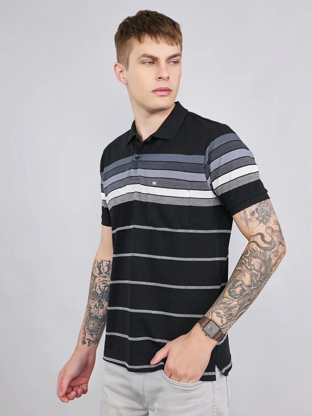 Men Black Stripe Collar Half Sleeve T-Shirt sold by Monte Carlo product image thumbnail 2