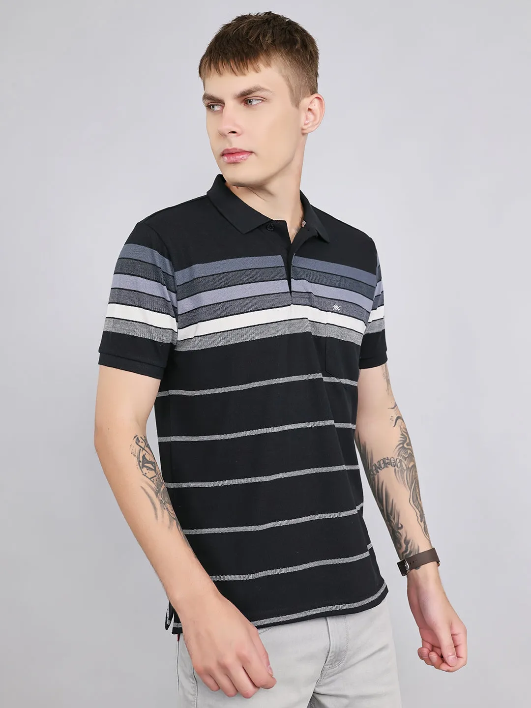 Men Black Stripe Collar Half Sleeve T-Shirt sold by Monte Carlo product image thumbnail 3