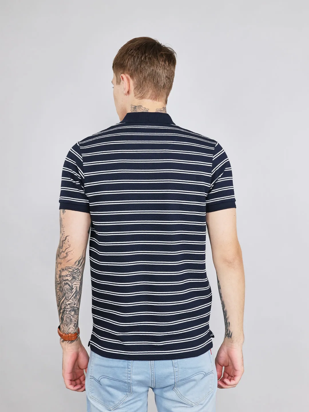 Men Navy Blue Stripe Collar Half Sleeve T-Shirt sold by Monte Carlo product image thumbnail 4