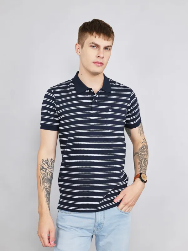 Men Navy Blue Stripe Collar Half Sleeve T-Shirt made by Monte Carlo