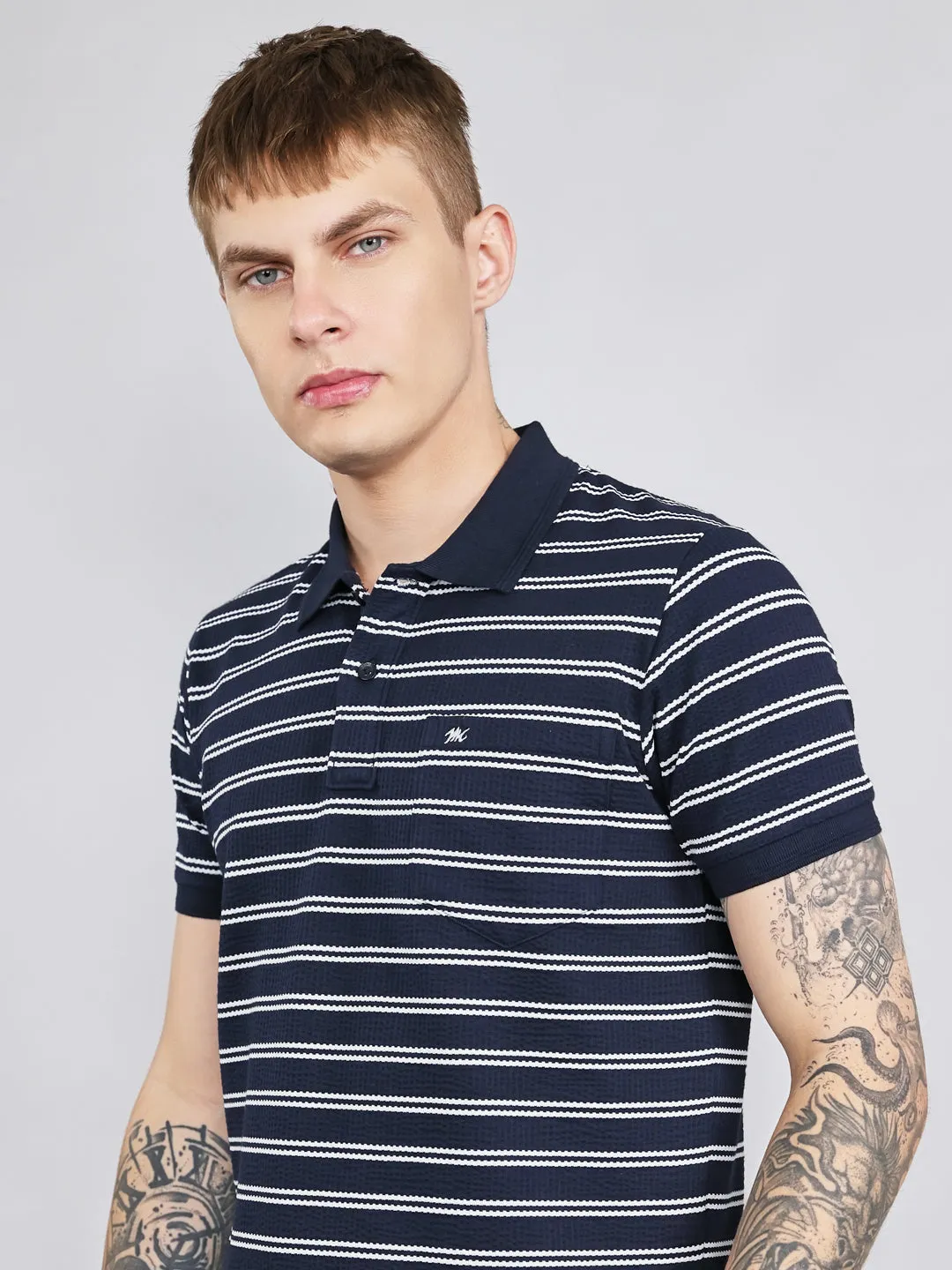 Men Navy Blue Stripe Collar Half Sleeve T-Shirt sold by Monte Carlo product image thumbnail 5