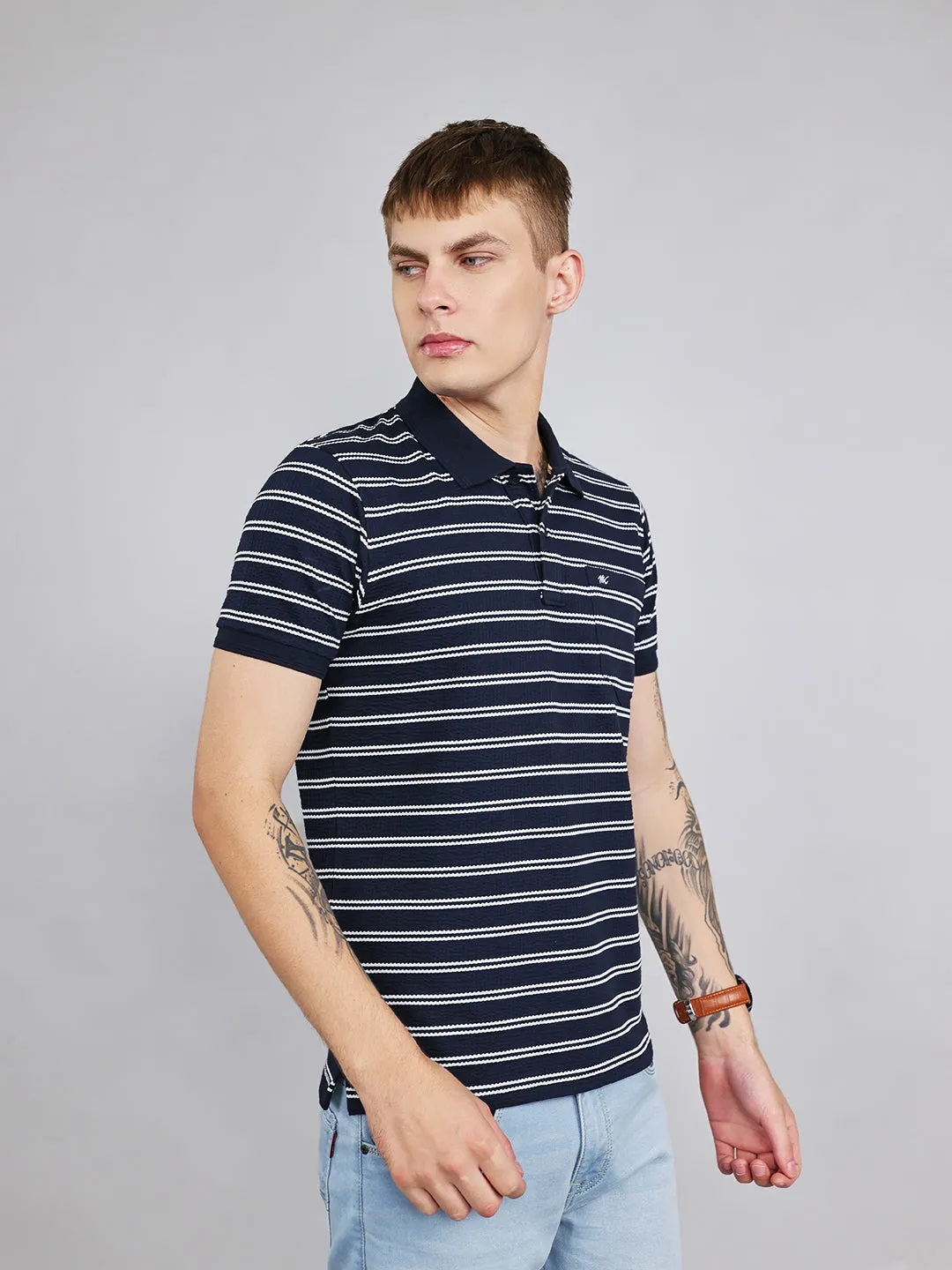 Men Navy Blue Stripe Collar Half Sleeve T-Shirt sold by Monte Carlo product image thumbnail 2