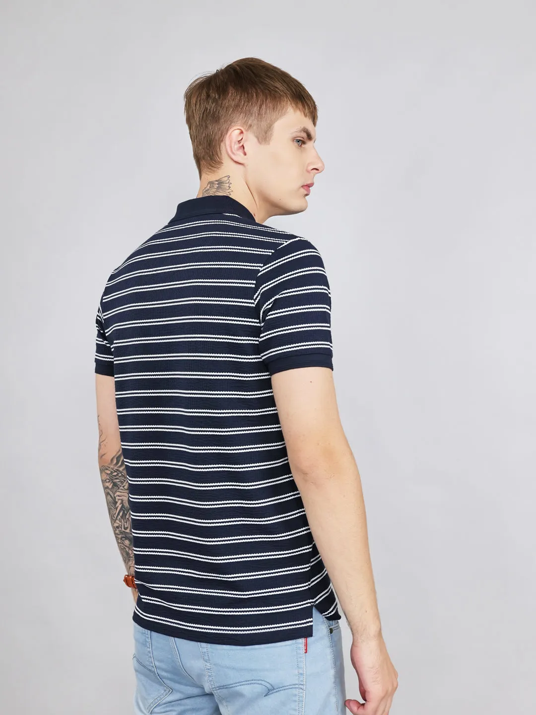 Men Navy Blue Stripe Collar Half Sleeve T-Shirt sold by Monte Carlo product image thumbnail 3