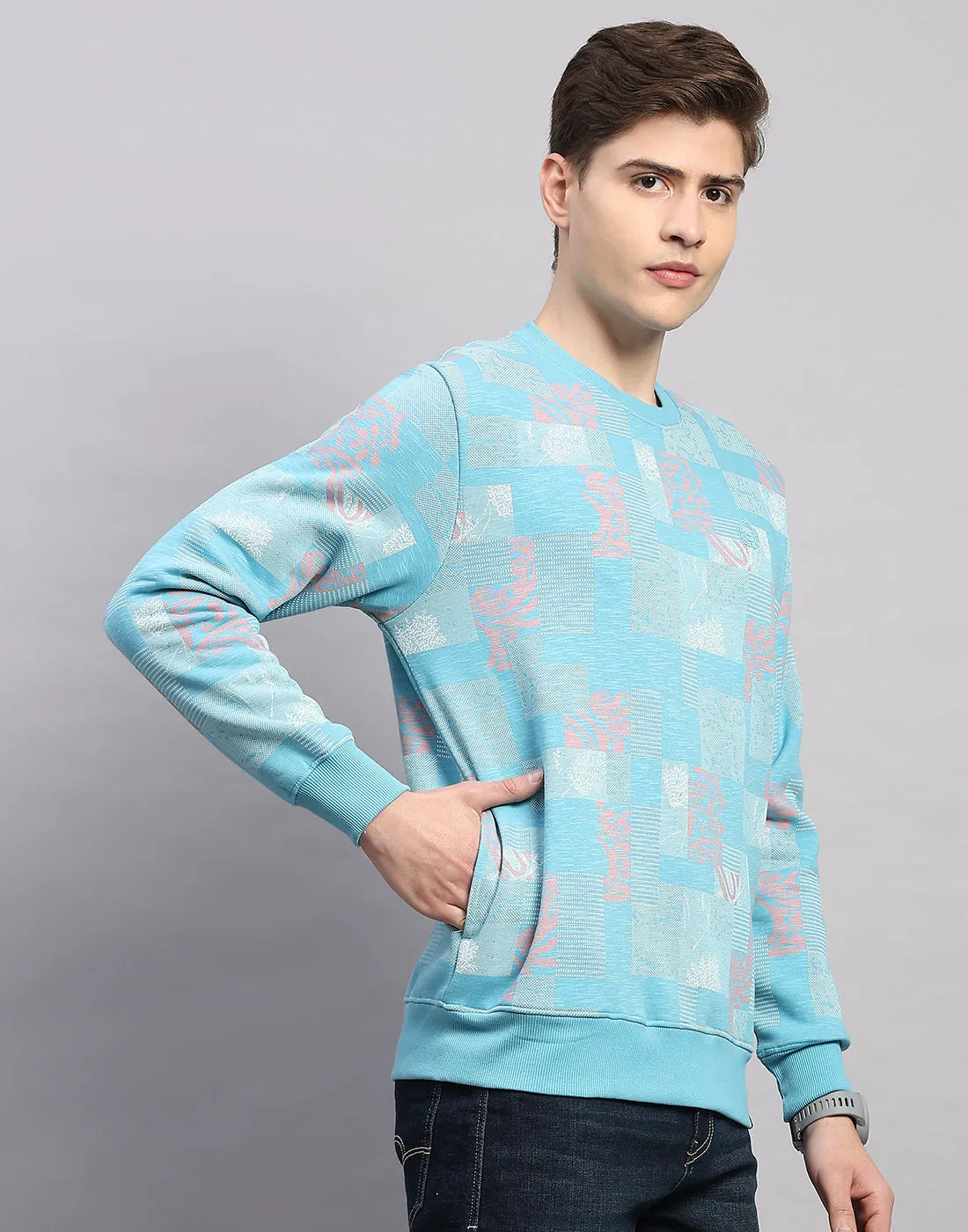 Men Sky Blue Printed Round Neck Full Sleeve Sweatshirt sold by Monte Carlo product image thumbnail 3