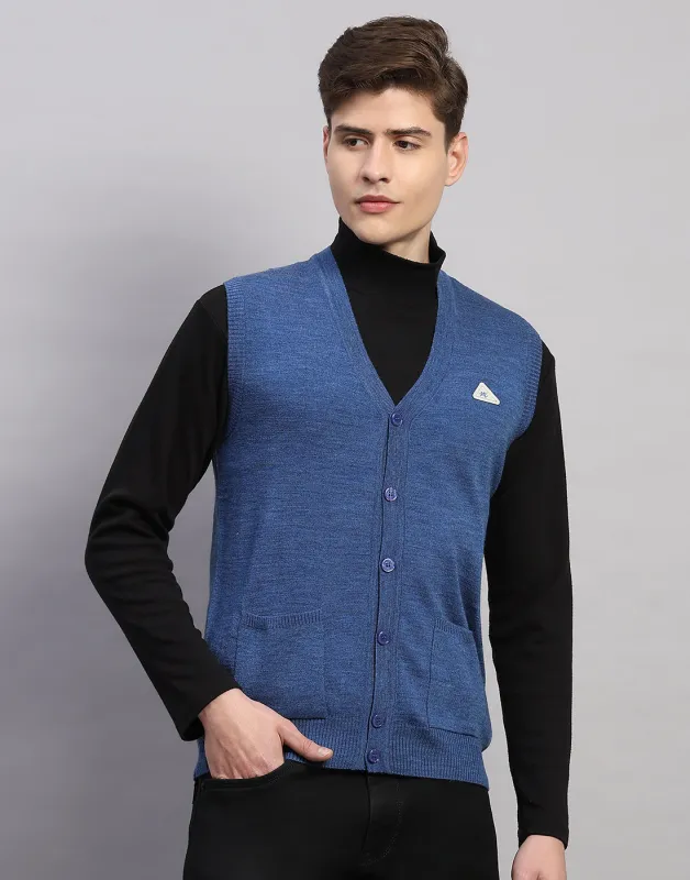 Men Blue Solid V Neck Sleeveless Cardigan made by Monte Carlo