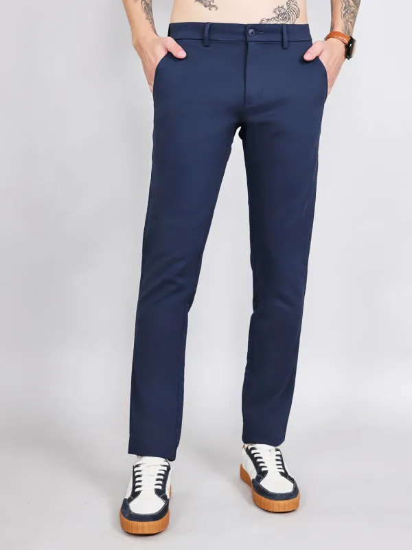 Men Navy Blue Solid Slim Fit Trouser made by Monte Carlo