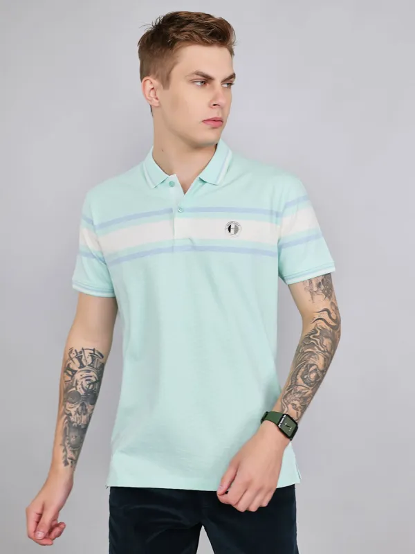 Men Turquoise Blue Stripe Collar Half Sleeve T-Shirt made by Monte Carlo
