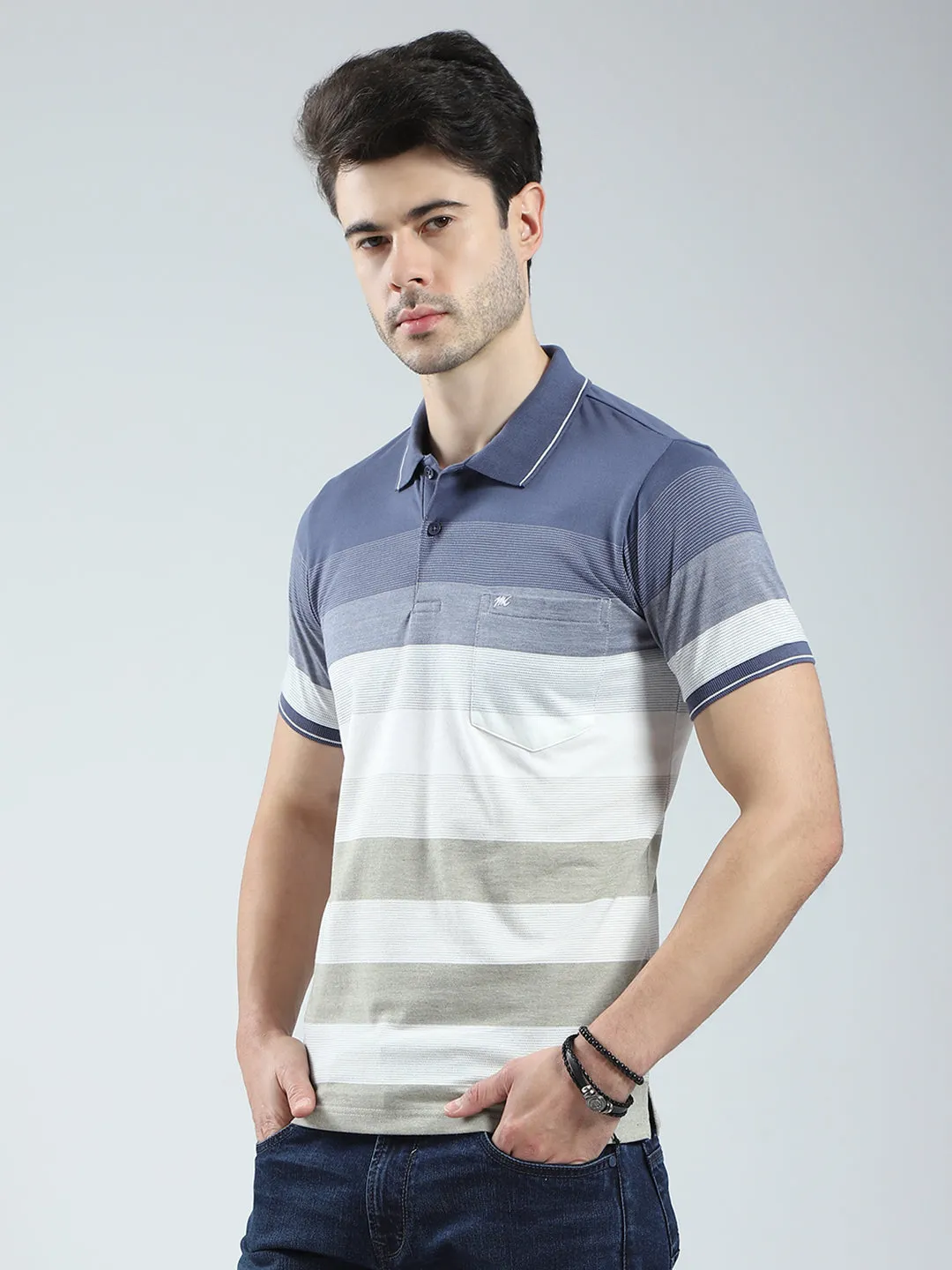 Men Blue Stripe Collar Half Sleeve T-Shirt sold by Monte Carlo product image thumbnail 3